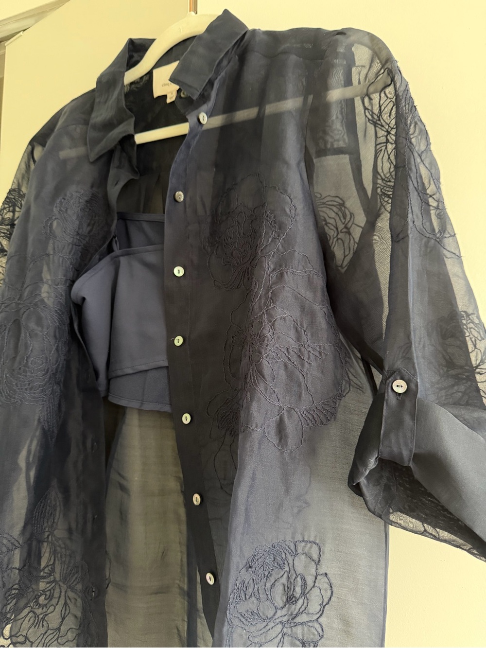 cinq a sept Navy Sheer Embroidered Button-Down Shirt - Picture 4 of 7